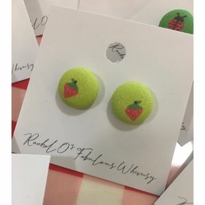 Sweet Strawberry Fabric Button Post Earrings Green New